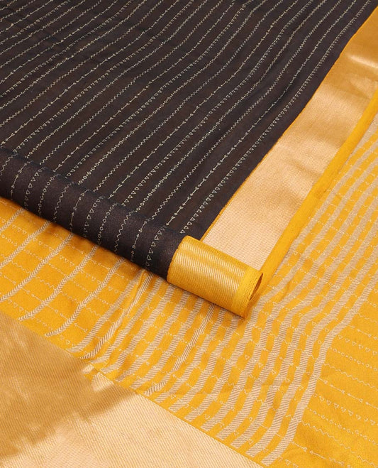 Black gold foil printed moss crepe saree with contrast gold zari thread border & printed lining chit pallu along with plain blouse
