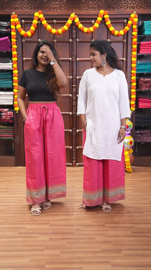 Lavender intricately floral printed slub cotton palazzo pants