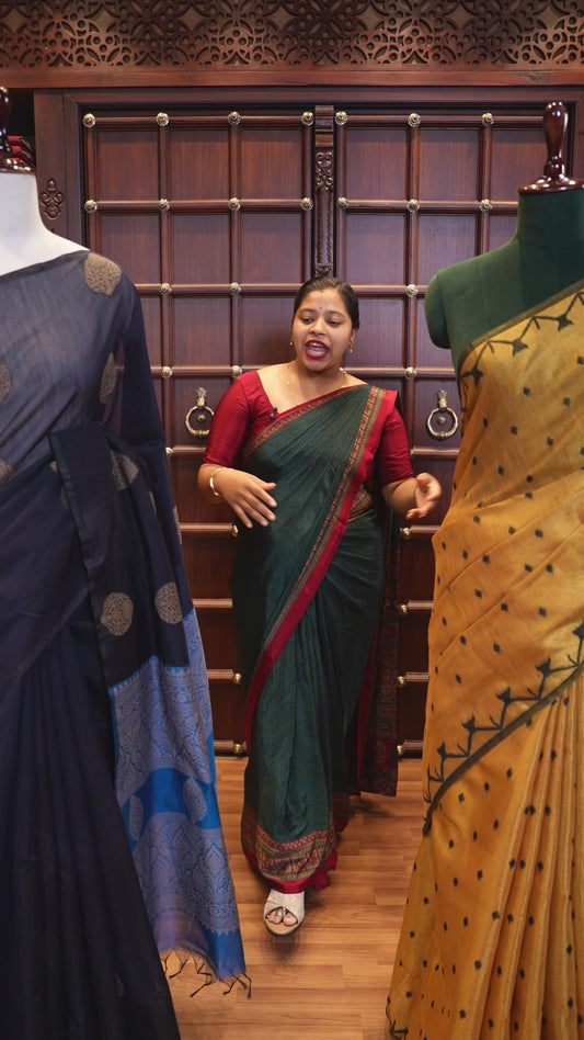 Borderless blue thread weaving butta silk cotton saree with rich thread weaving pallu along with plain blouse