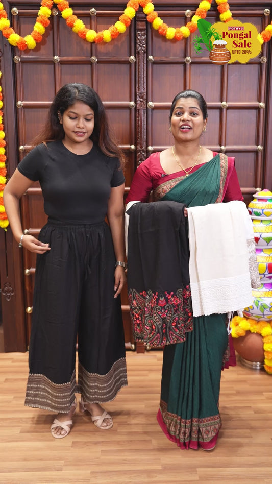 Black-base geometric patterns delicately thread with sequins embroidered rayon palazzo pants