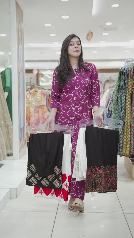 White-base red heart motifs woolen thread embroidered rayon palazzo pants