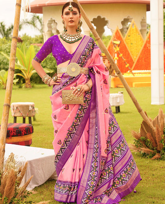 Pink patola floral motifs printed designer saree, contrast intricate patola border, and floral motifs patola printed pallu