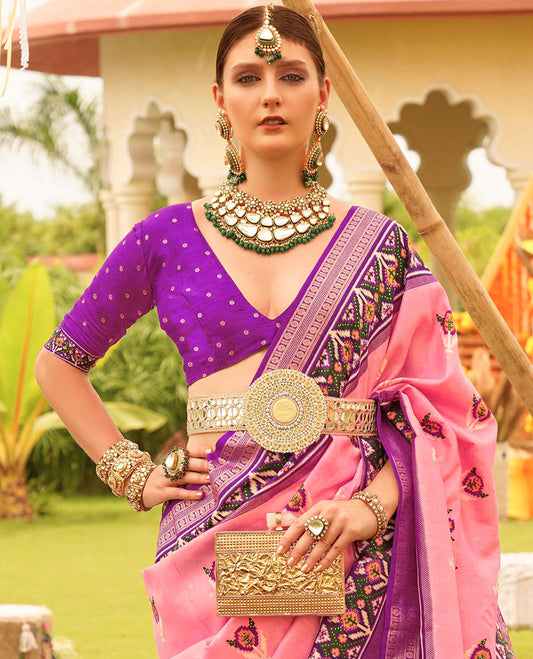 Pink patola floral motifs printed designer saree, contrast intricate patola border, and floral motifs patola printed pallu