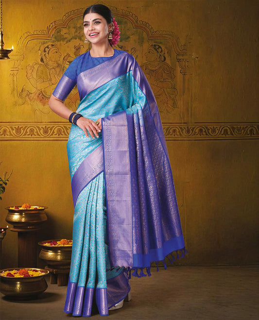 Blue jacquard Kanchipuram wedding silk saree, contrast traditional zari design border, and jaal pallu