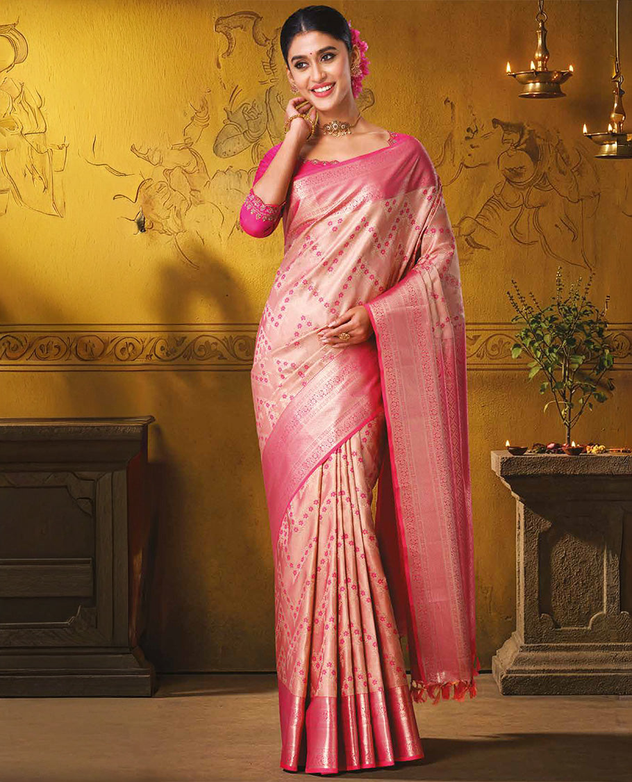 Pink floral chevron jacquard Kanchipuram wedding silk saree, contrast traditional zari design border, and jaal pallu