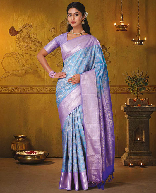 Blue butta enclosed jaal jacquard kanchipuram wedding silk saree, contrast traditional zari design border, and jaal pallu