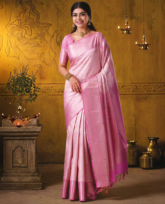 Pink floral jacquard kanchipuram wedding silk saree, contrast traditional zari design border, and jaal pallu