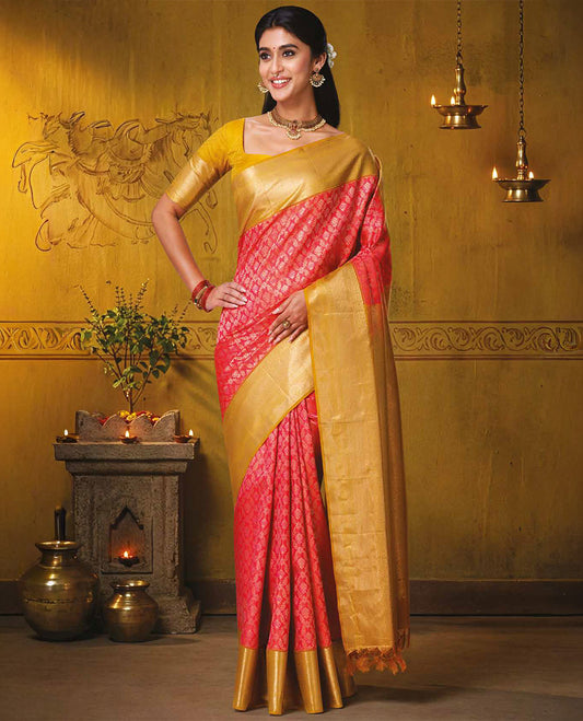 Dazzling red jacquard kanchipuram wedding silk saree, contrast traditional zari design border, and intricate pallu