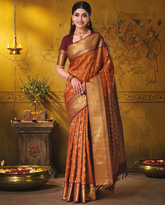 Rust floral jacquard kanchipuram wedding silk saree, contrast traditional zari design border, and intricate pallu