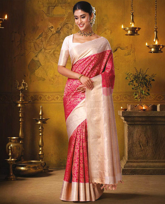 Red floral jaal jacquard kanchipuram wedding silk saree, contrast traditional zari design border, and intricate pallu