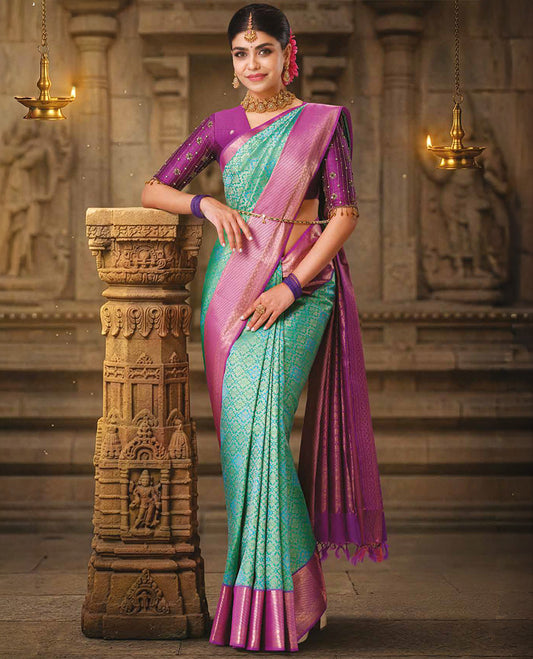 Turquoise jacquard kanchipuram wedding silk saree, contrast traditional zari design border, and intricately zari woven pallu