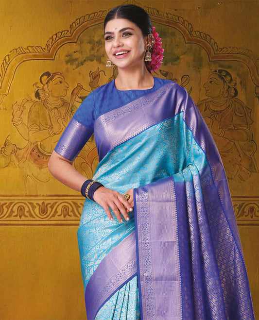 Blue jacquard Kanchipuram wedding silk saree, contrast traditional zari design border, and jaal pallu
