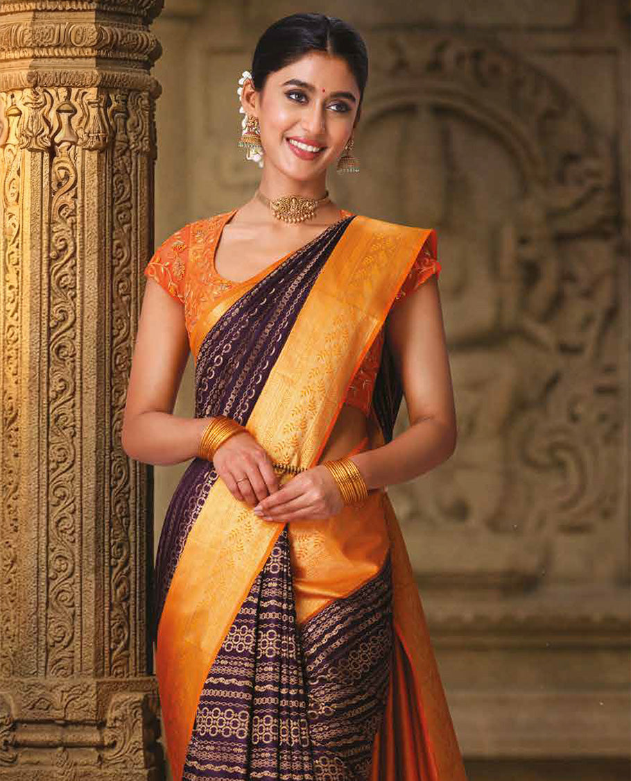 Purple Kanchipuram Wedding Silk Saree Decked Up with Geometric Patterns Jacquard on Its Body, Complemented by Contrast Traditional Zari Border of Leaf Vine Designs, Grandly Woven Pallu, and Paired with a Contrast Blouse