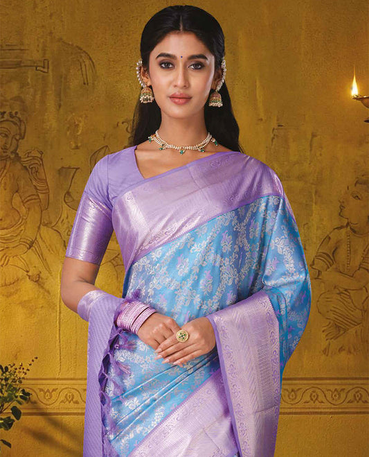 Blue butta enclosed jaal jacquard kanchipuram wedding silk saree, contrast traditional zari design border, and jaal pallu