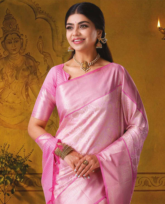 Pink floral jacquard kanchipuram wedding silk saree, contrast traditional zari design border, and jaal pallu