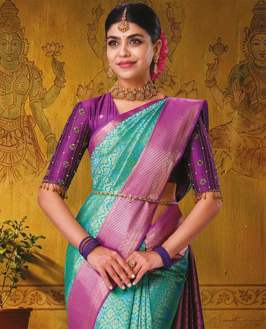 Turquoise Kanchipuram Wedding Silk Saree Adorned with Jacquard Design Weave, Complemented by Contrast Traditional Zari Design Border, Intricately Zari-Woven Pallu, and Paired with a Contrast Blouse